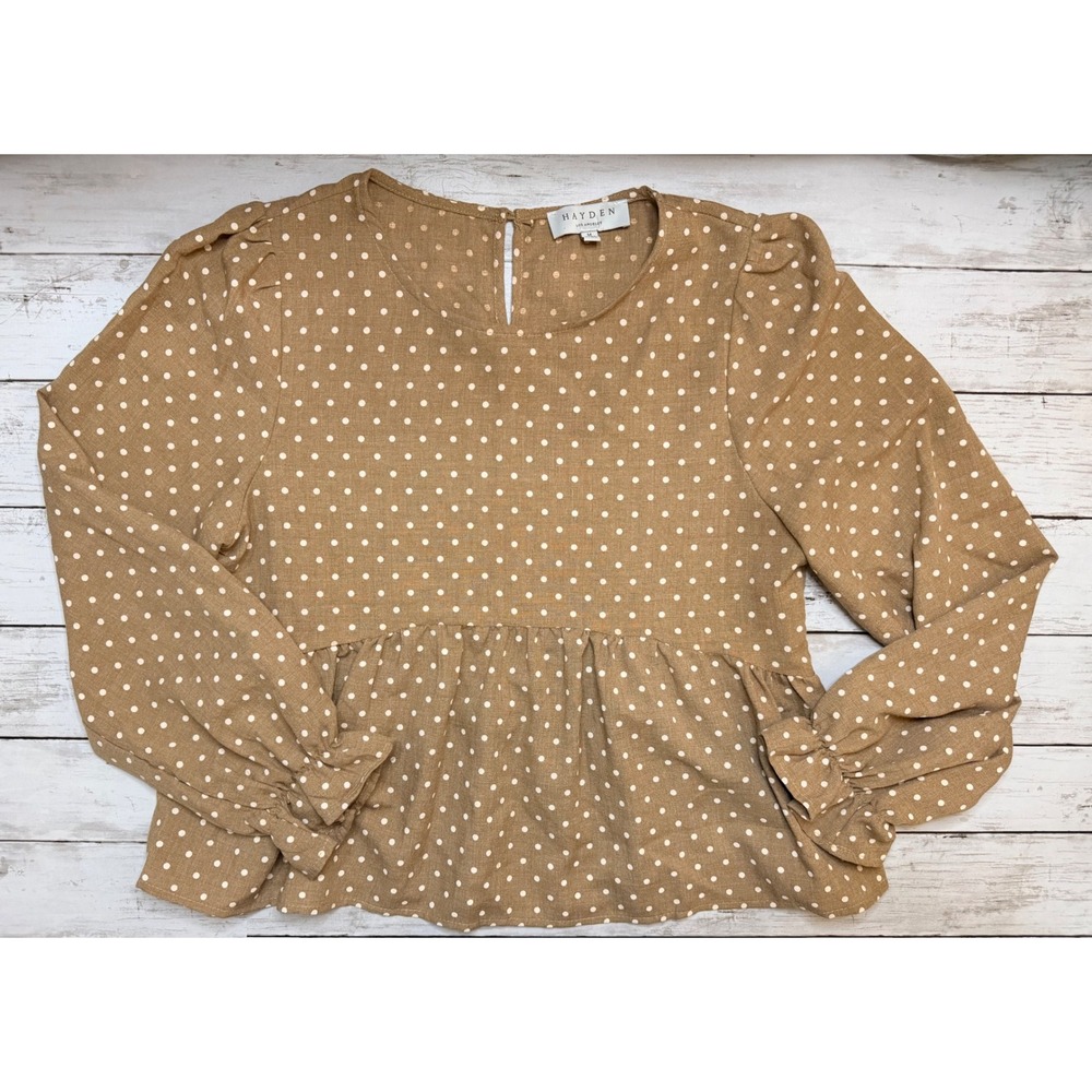Hayden Los Angeles Polka Dot Peplum Top Tan Brown Long Sleeve Blouse Medium